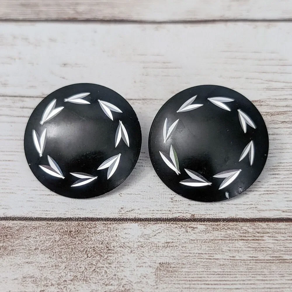 Vintage Clip On Earrings - Black with Silver Tone Design 1 & 1/8"